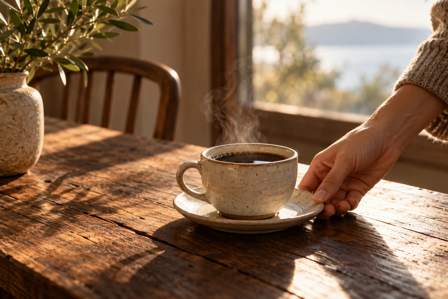 Frisch servierter Filterkaffee in einer Keramiktasse, illustrative Szene
